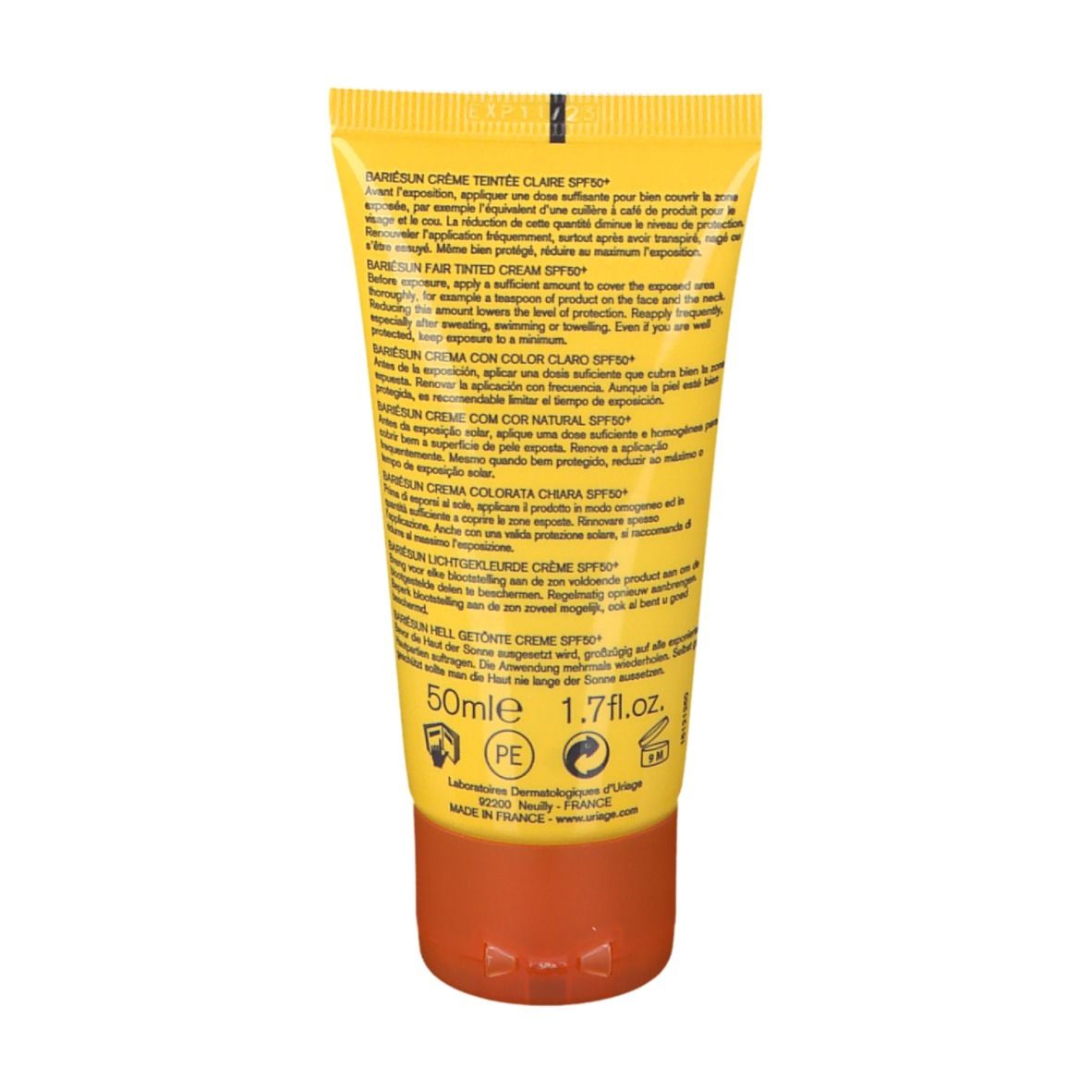 Retro del tubo giallo URIAGE Bariésun SPF 50+. Testo multilingue. 50ml. Prodotto in Francia.