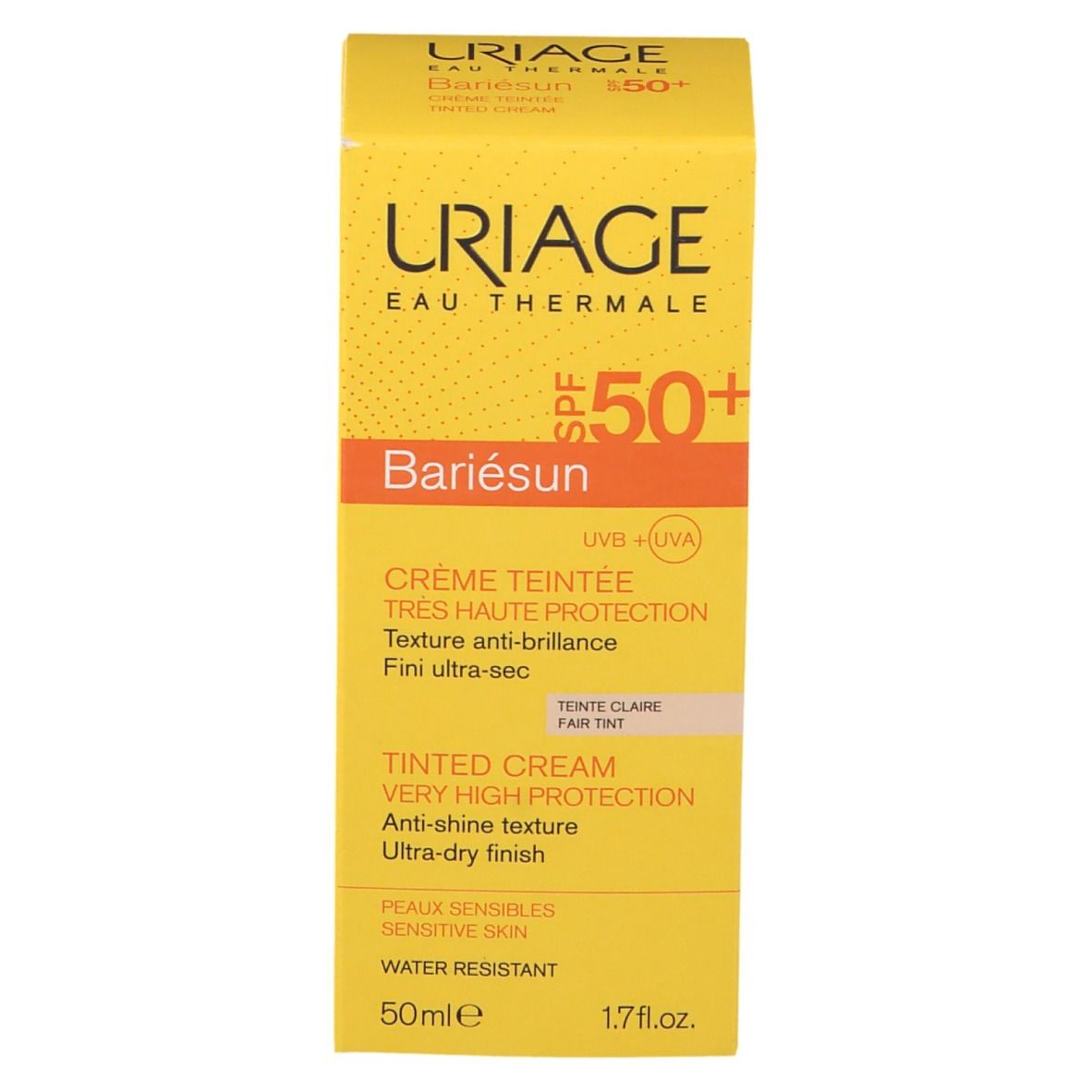 Scatola gialla URIAGE Bariésun SPF 50+. Testo multilingue. 50ml. Crema per pelli sensibili.