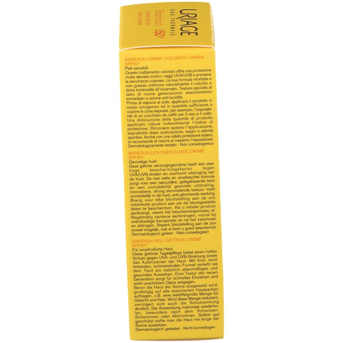 Retro della scatola gialla URIAGE Bariésun SPF 50+. Testo multilingue. Crema per pelli sensibili.