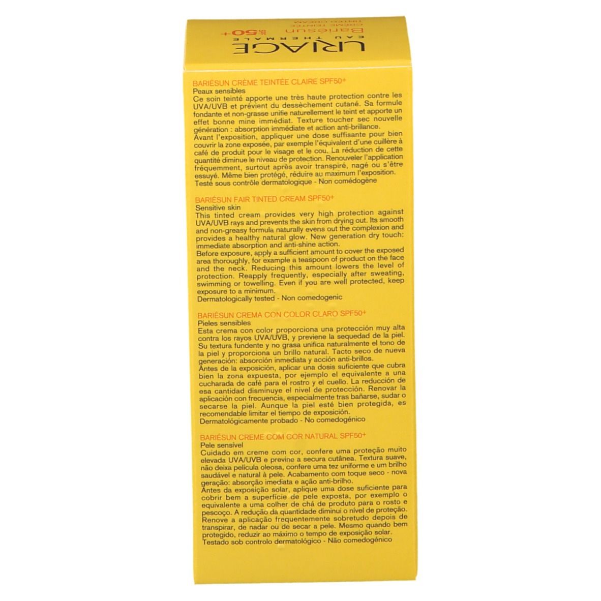 Retro della scatola gialla URIAGE Bariésun SPF 50+. Testo multilingue. Ingredienti e produttore.