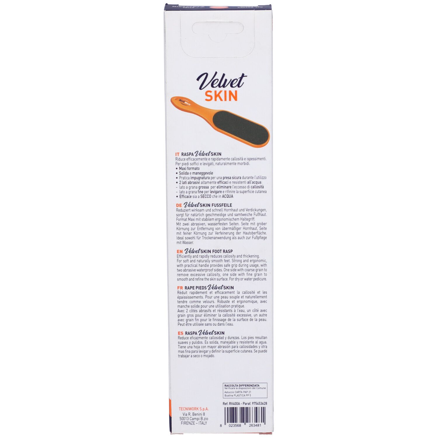 Retro della confezione. Testo: Velvet Skin, lima per piedi, TecniWork. Descrizioni in tedesco, inglese, francese, italiano.