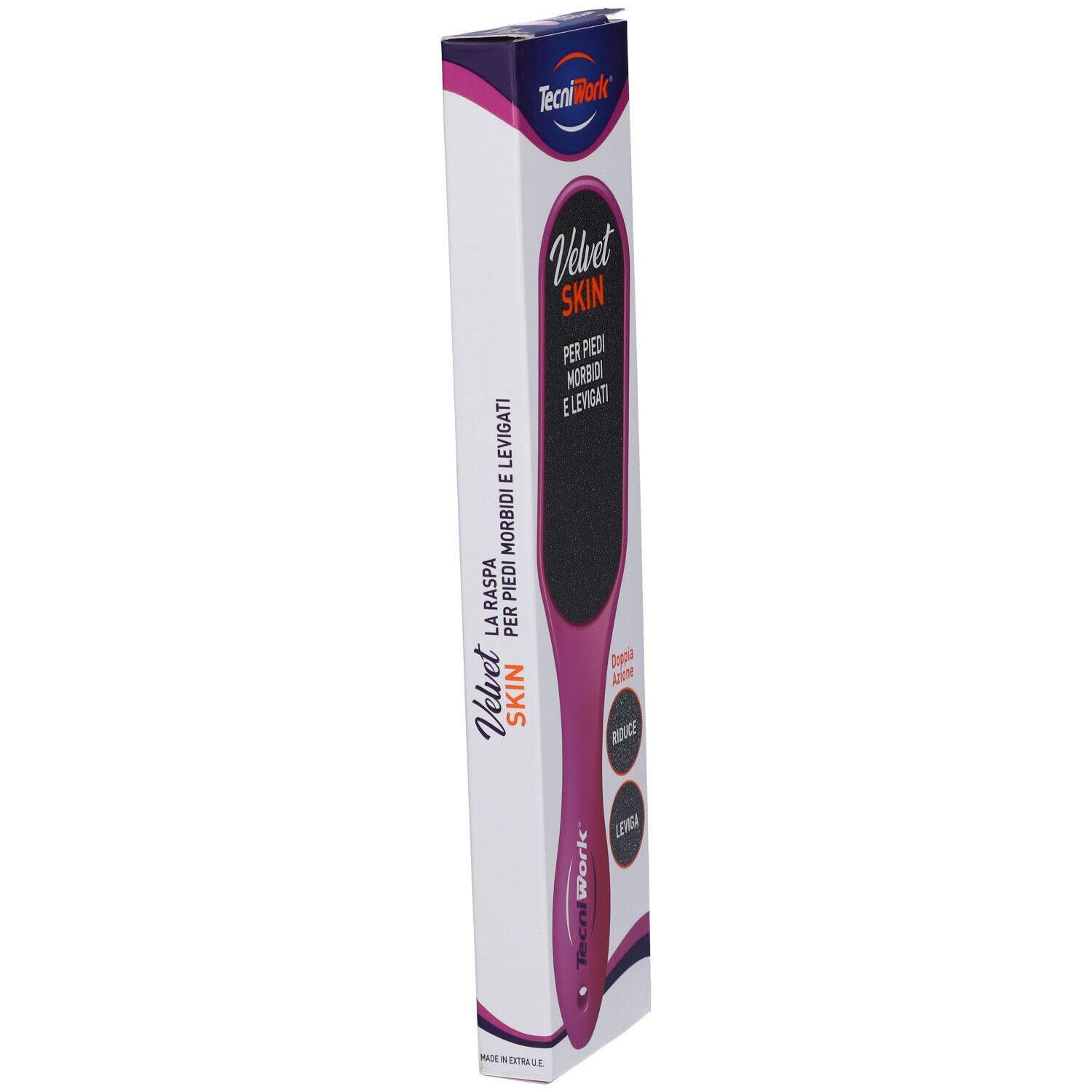Lima per piedi in confezione, in diagonale. Manico rosa, superficie abrasiva nera. Testo: Velvet Skin, per piedi morbidi e levigati. Marchio TecniWork.