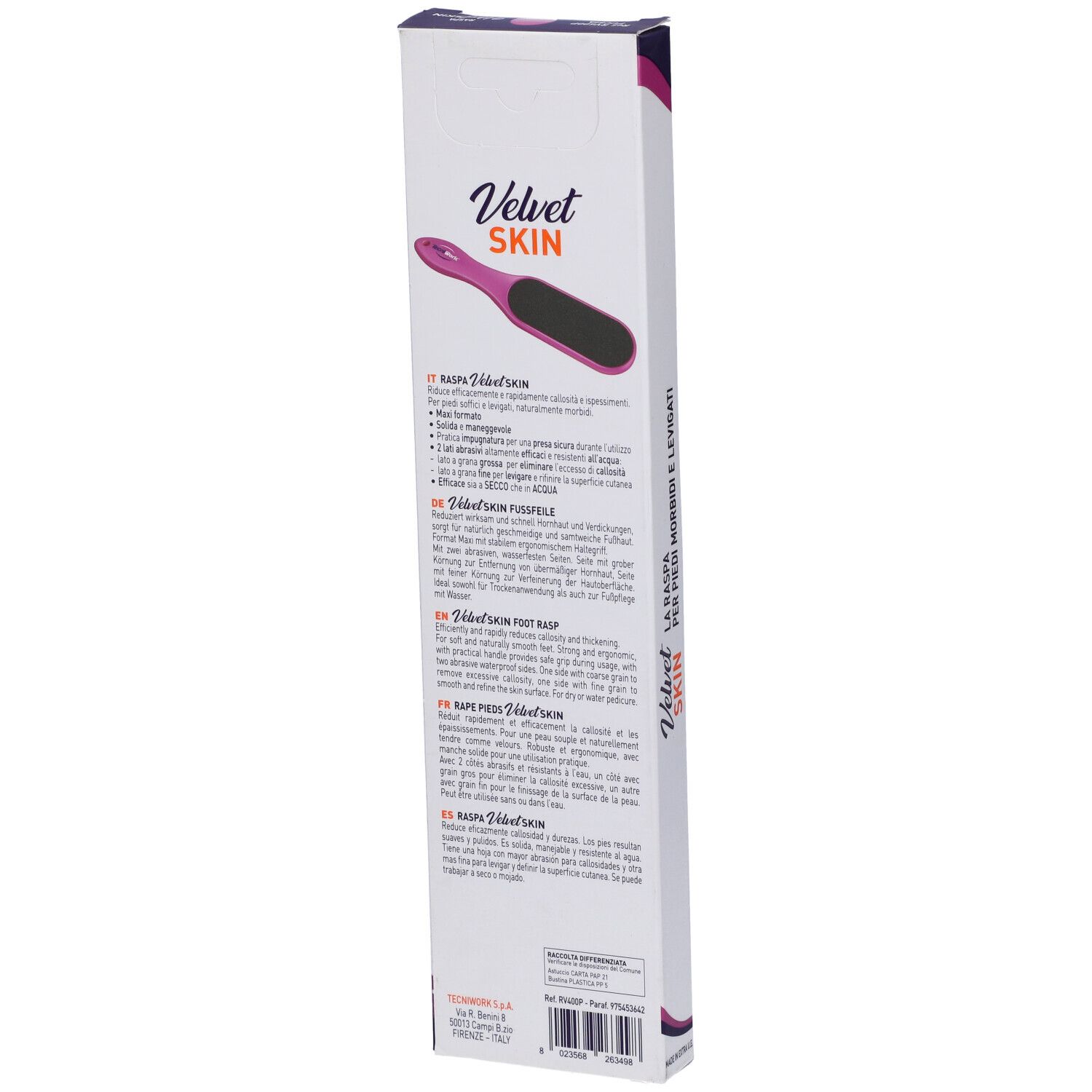Retro della confezione. Testo multilingue. Prodotto: Velvet Skin. Descrizione della lima per piedi e del suo utilizzo.