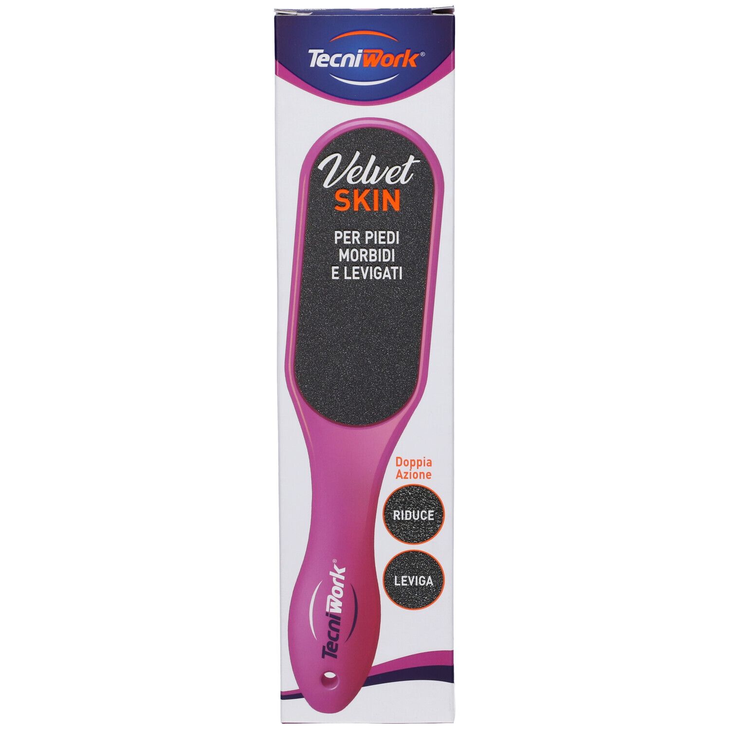 Lima per piedi in confezione. Manico rosa, superficie abrasiva nera. Testo: Velvet Skin, per piedi morbidi e levigati. Marchio TecniWork.