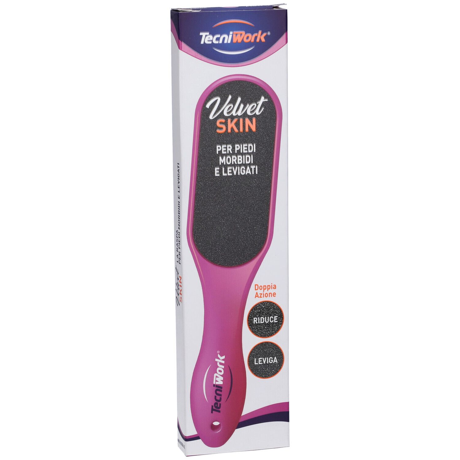 Lima per piedi in confezione. Manico rosa, superficie abrasiva nera. Testo: Velvet Skin, per piedi morbidi e levigati. Marchio TecniWork.