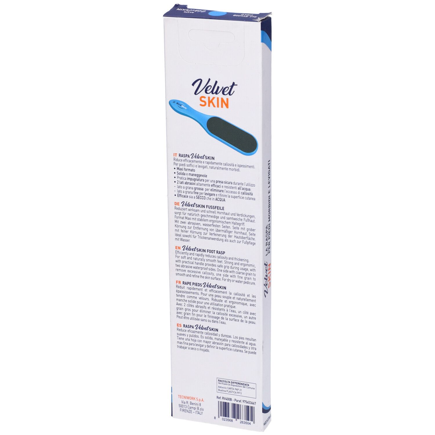 Retro della confezione della lima per piedi Raspa Velvet Skin Celeste. Testo multilingue. Nome prodotto: Velvet Skin.