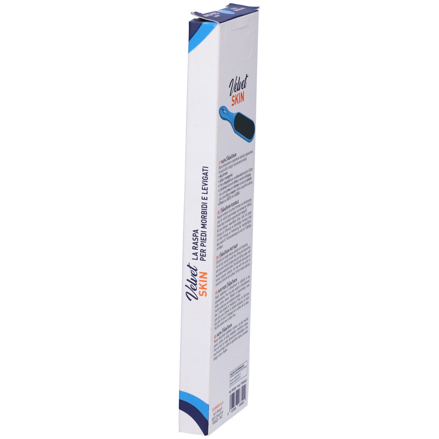 Confezione della lima per piedi Raspa Velvet Skin Celeste. Testo multilingue. Nome prodotto: Velvet Skin.