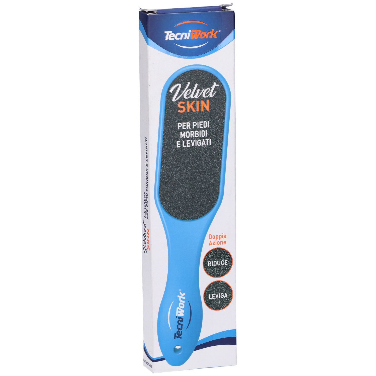 Lima per piedi Raspa Velvet Skin Celeste in confezione. Lima blu con superficie abrasiva nera. Testo: Velvet Skin, TecniWork.