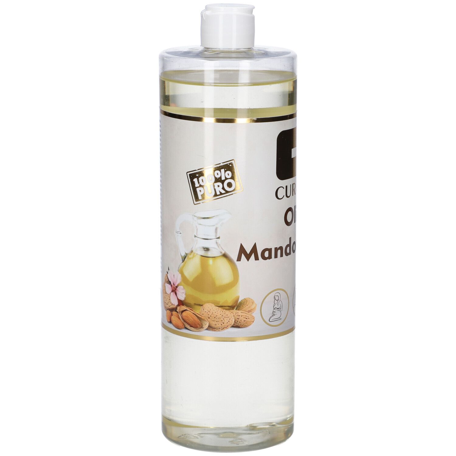 Flacone cilindrico con tappo bianco. Illustrazione: mandorle e brocca. Scritta: Curaderm Olio.