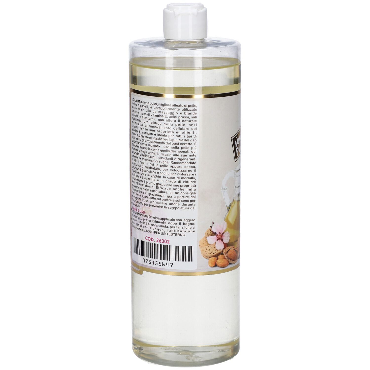 Flacone cilindrico con tappo bianco. Testo sull'etichetta. Scritta: Olio di Mandorle Dolci. Codice 26302.