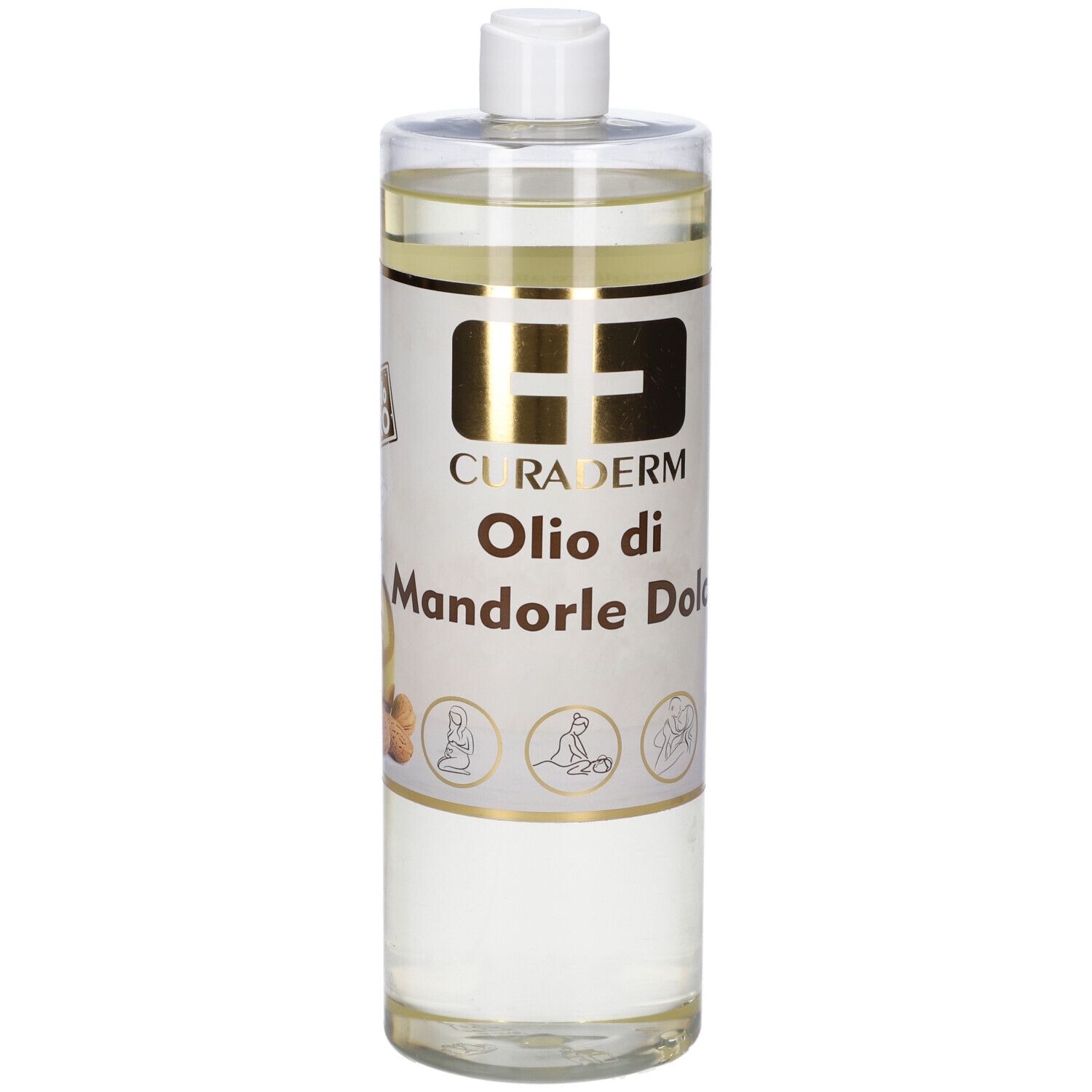 Flacone cilindrico con tappo bianco. Scritta: Curaderm Olio di Mandorle Dolci.