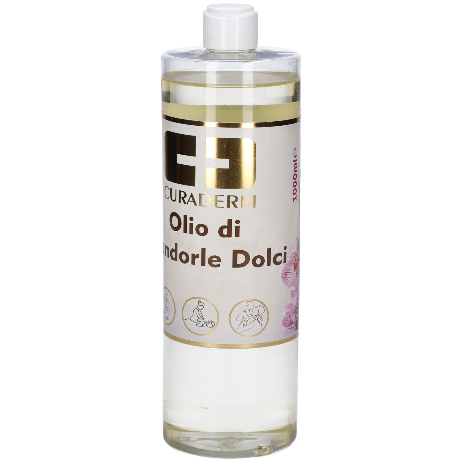 Flacone cilindrico con tappo bianco. Scritta: Curaderm Olio di Mandorle Dolci. 1000ml.