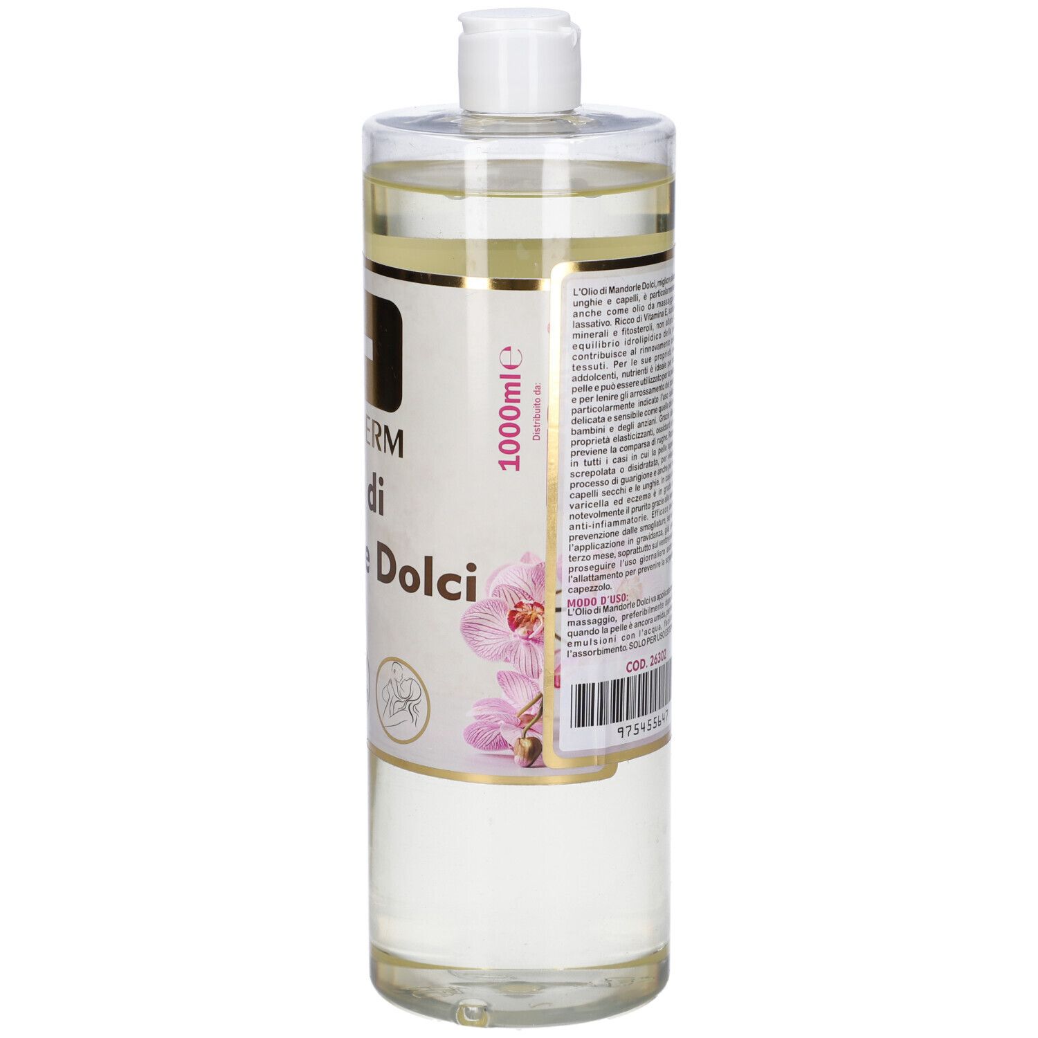 Flacone cilindrico con tappo bianco. Scritta: Curaderm Olio di Mandorle Dolci. 1000ml.