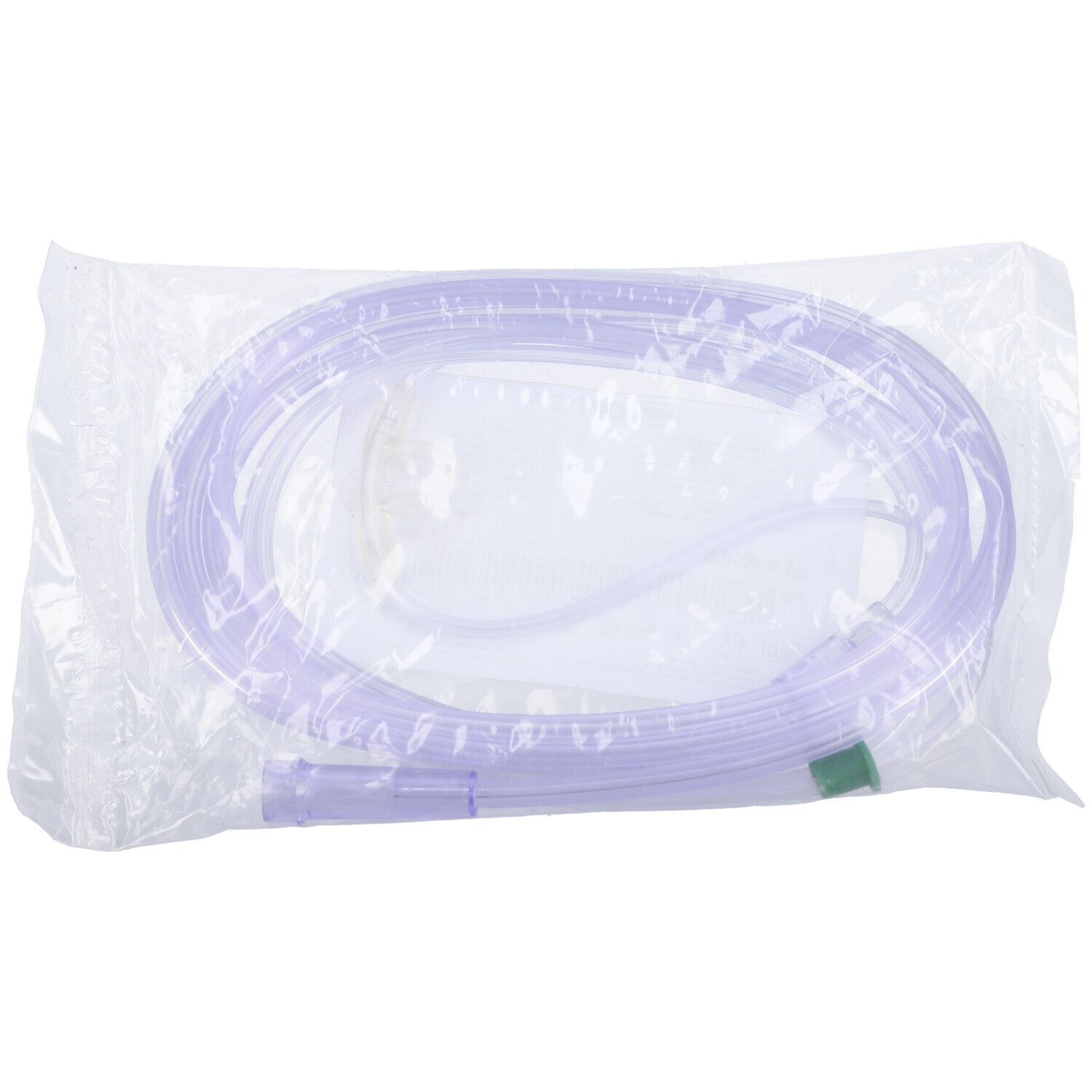 Tubo trasparente in confezione di plastica. Un'estremità con raccordo verde. Connessione visibile.