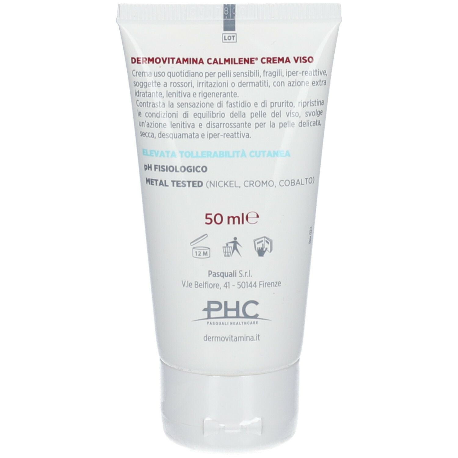 Retro del tubo Dermovitamina CALMILENE® Crema Viso. 50 ml. pH fisiologico. Metal Tested (Ni, Cr, Co).