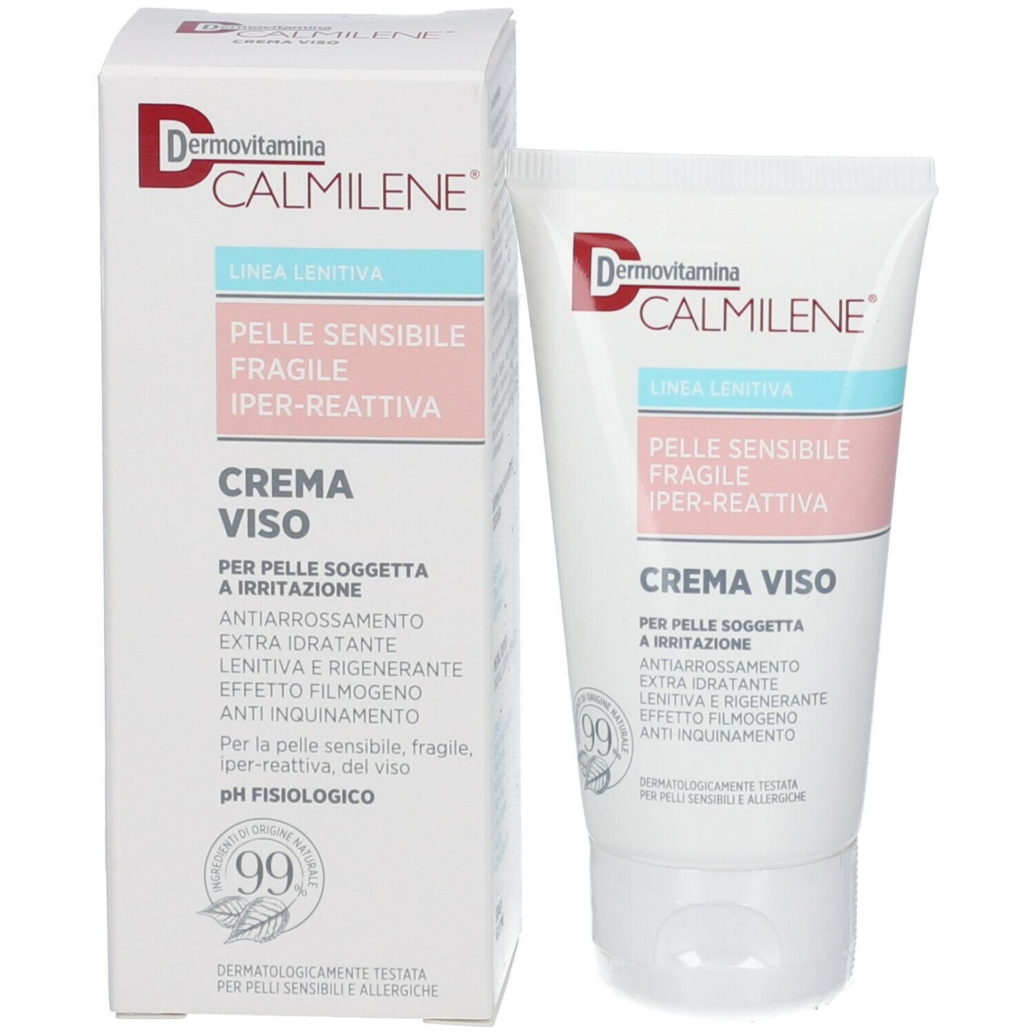 Confezione: tubo e scatola. Dermovitamina CALMILENE® Crema Viso. Linea Lenitiva per pelli sensibili.