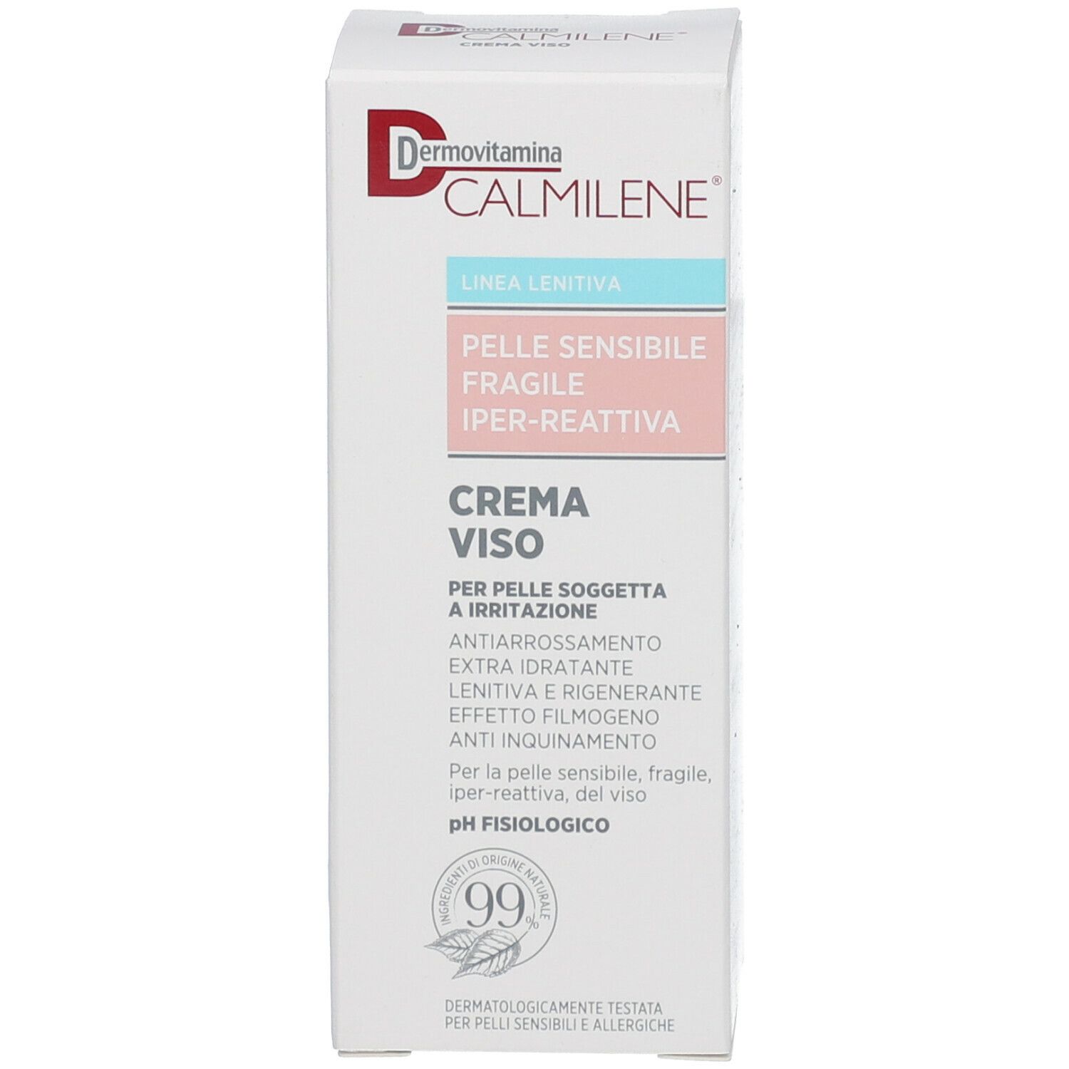 Scatola Dermovitamina CALMILENE® Crema Viso. Linea Lenitiva per pelli sensibili, fragili, iper-reattive.