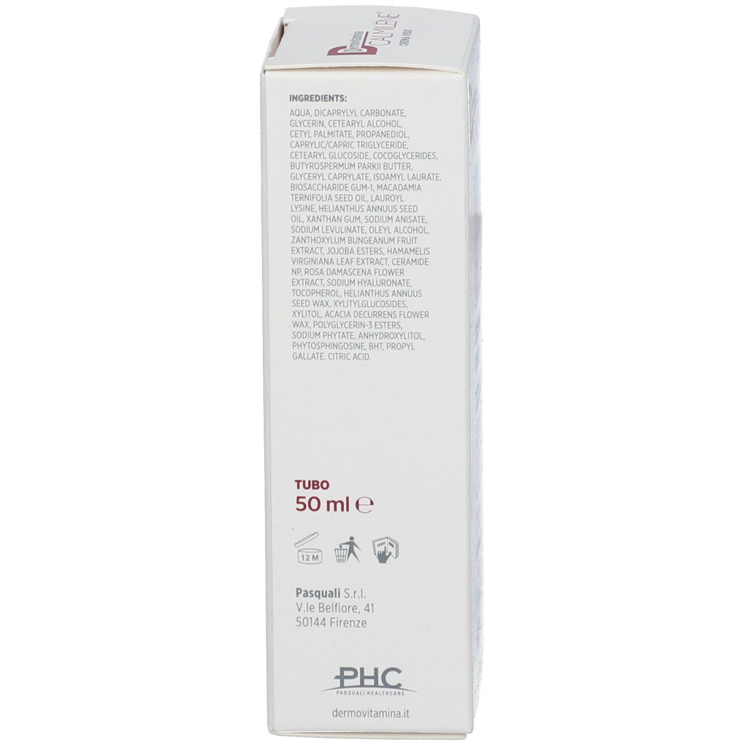 Lato scatola con ingredienti, volume tubo 50 ml, informazioni produttore.