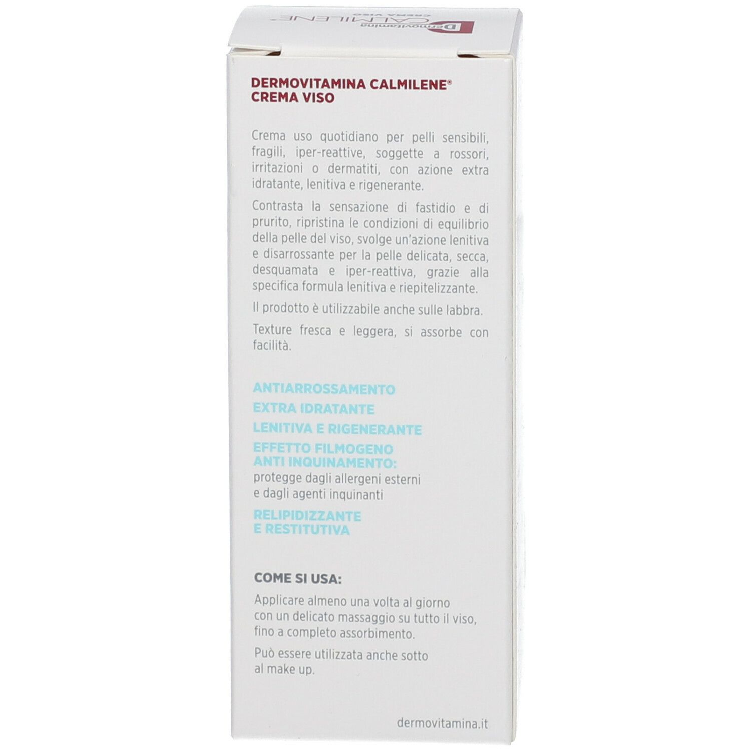 Retro scatola con descrizione Dermovitamina CALMILENE® Crema Viso e istruzioni per l'uso.