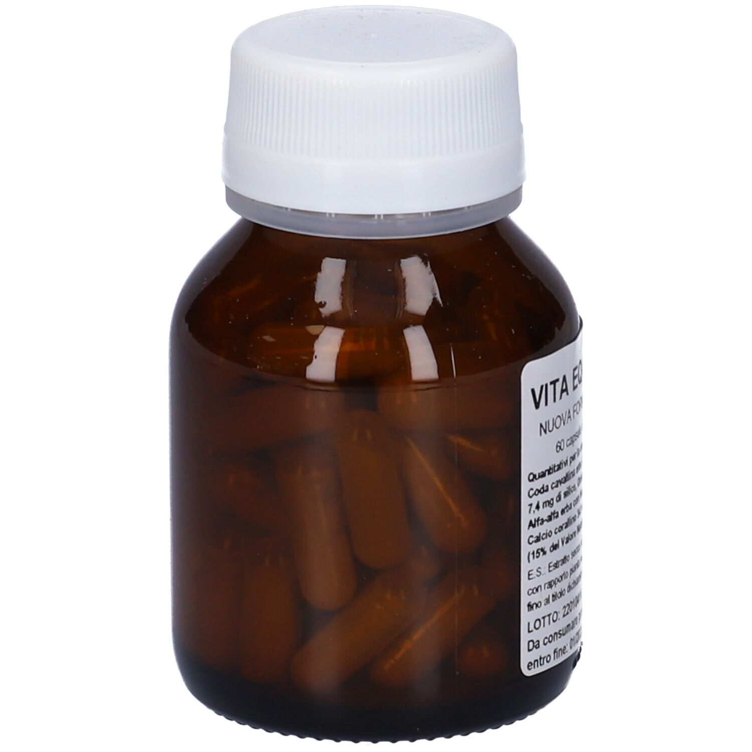 Flacone di vetro marrone con tappo bianco, pieno di capsule marroni. Nome del prodotto visibile sull'etichetta.