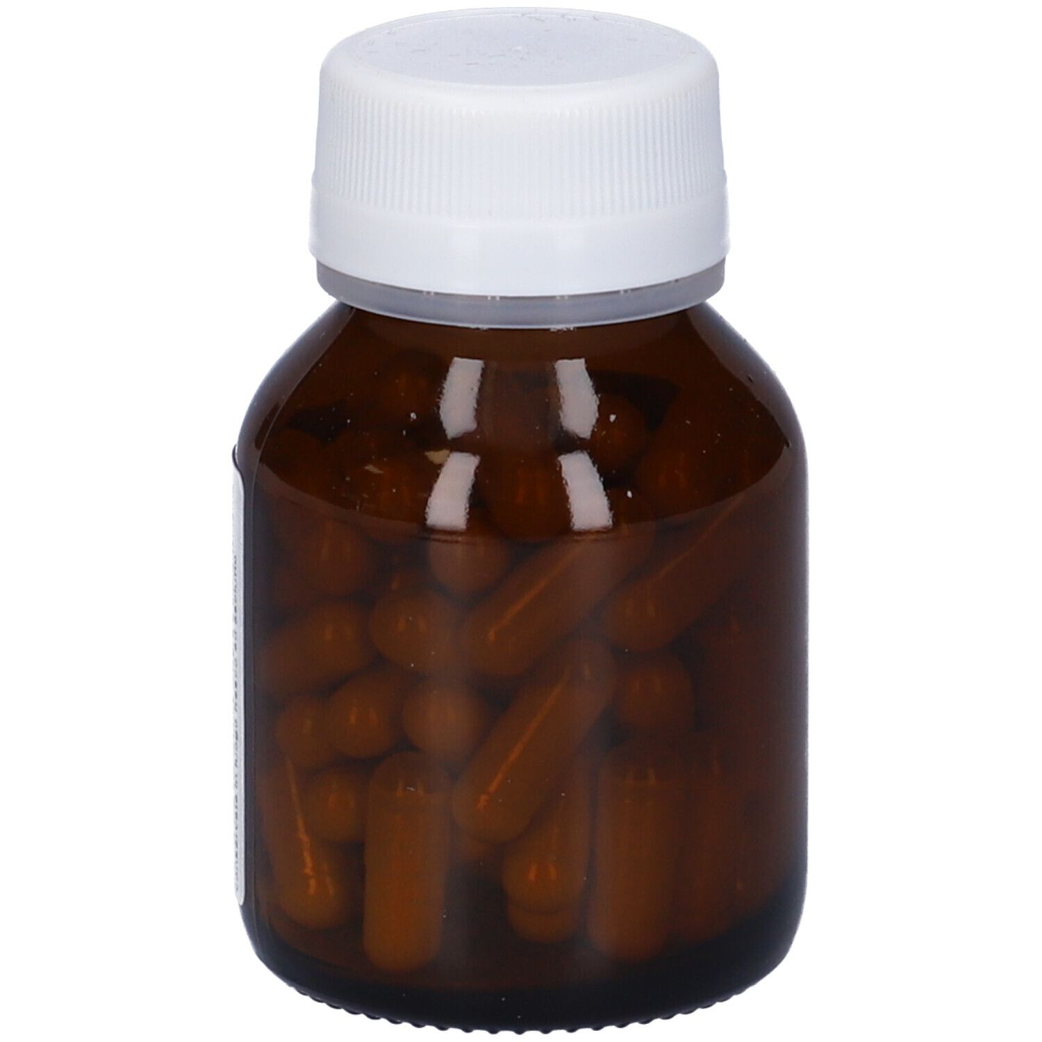 Flacone di vetro marrone con tappo bianco, pieno di capsule marroni. Nome del prodotto visibile sull'etichetta.