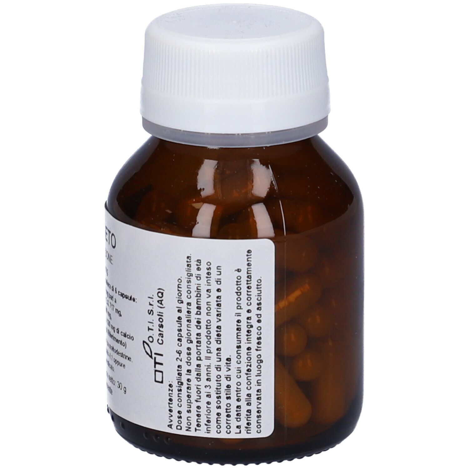 Flacone di vetro marrone con tappo bianco, pieno di capsule marroni. Etichetta con informazioni sul prodotto.