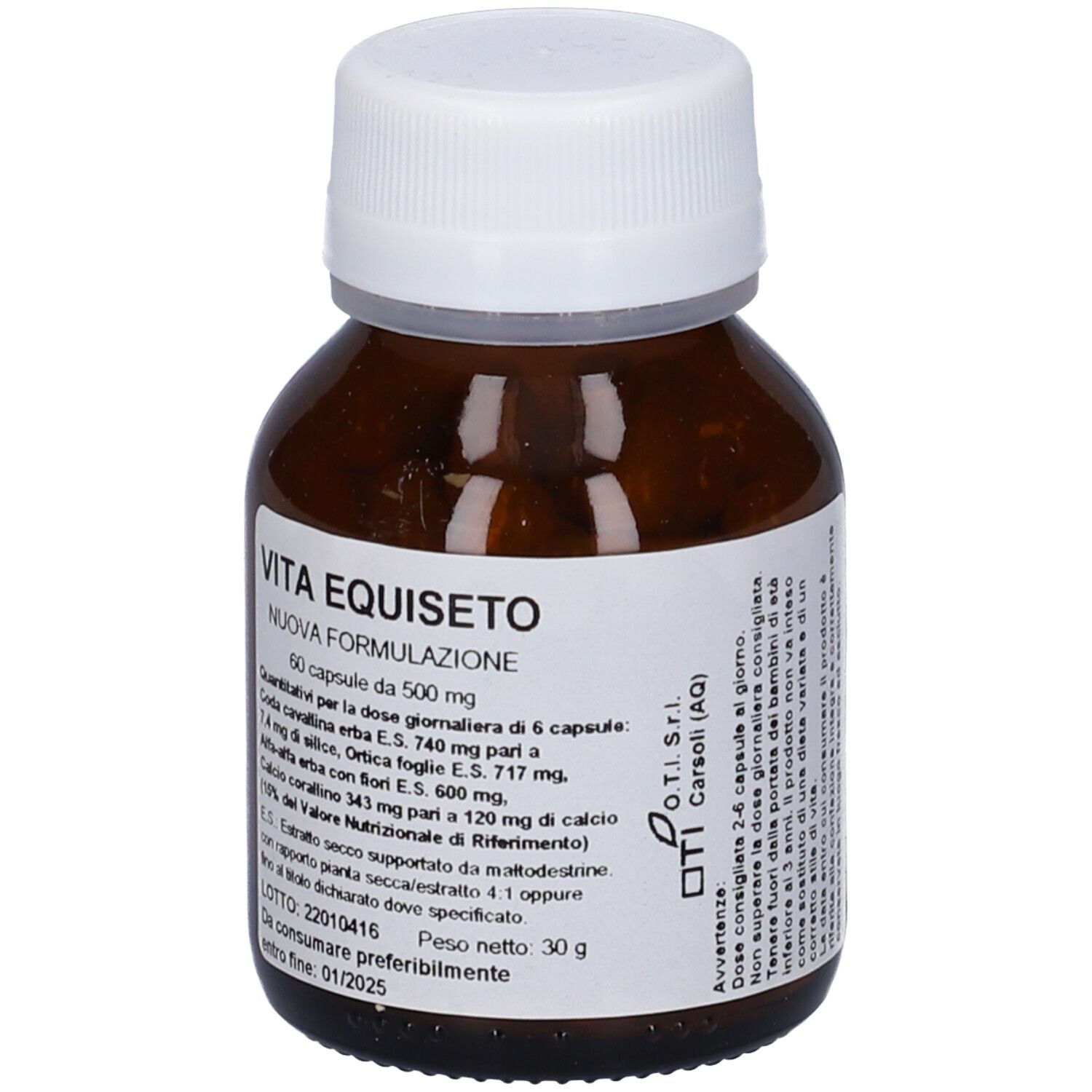 Flacone di vetro marrone con tappo bianco. Etichetta con nome del prodotto e informazioni. Contiene 60 capsule.