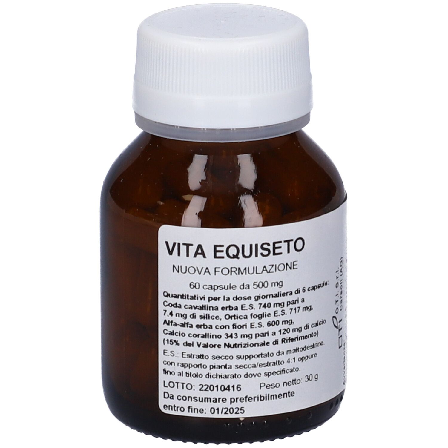 Flacone di vetro marrone con tappo bianco. Etichetta con nome del prodotto e informazioni. Contiene 60 capsule.