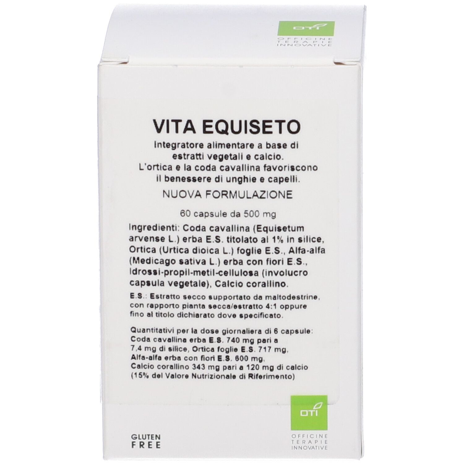 Scatola bianca con informazioni sul prodotto. Testo e logo sul fronte. Logo senza glutine.