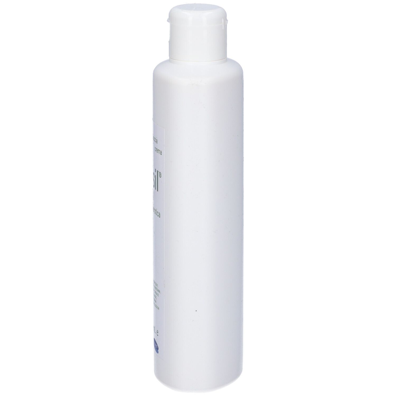 Flacone bianco con tappo a ribalta. Vista laterale, senza dettagli dell'etichetta.