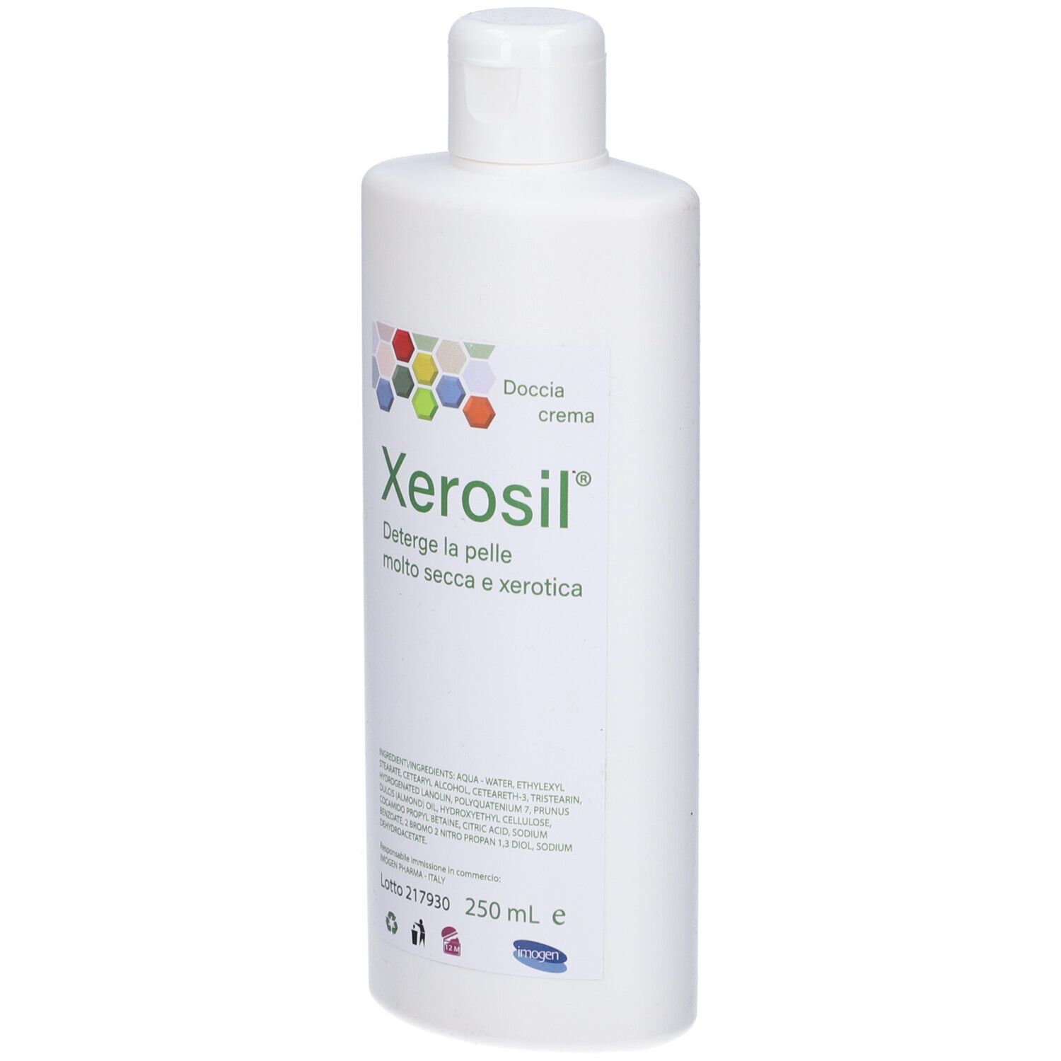 Flacone bianco con tappo a ribalta. Etichetta con nome prodotto Xerosil e testo.