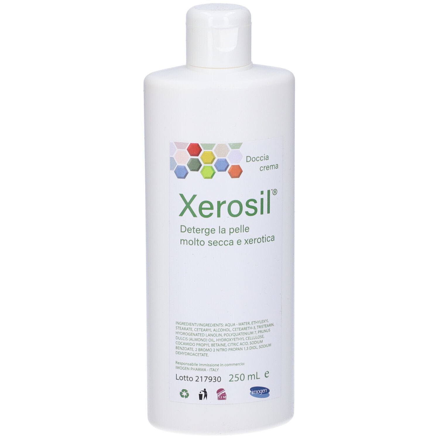 Flacone bianco con tappo a ribalta. Etichetta con nome prodotto Xerosil e testo.
