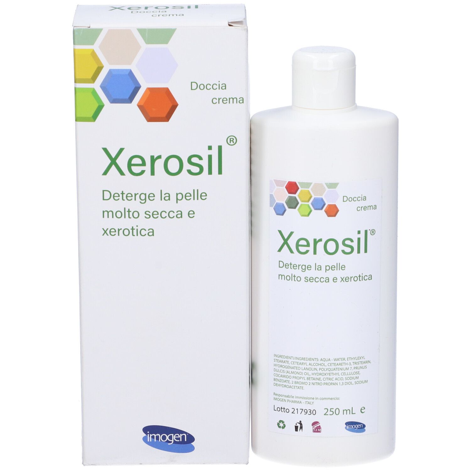 Flacone del prodotto accanto alla confezione. Confezione con nome prodotto Xerosil e testo.