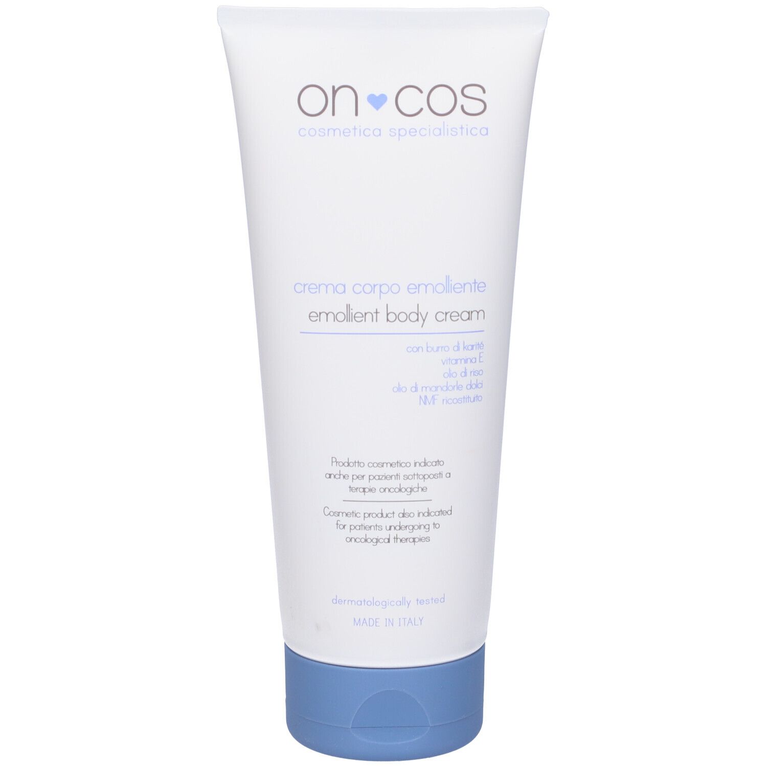 Tubo bianco con tappo blu. Scritto: Oncos, crema corpo emolliente, emollient body cream.