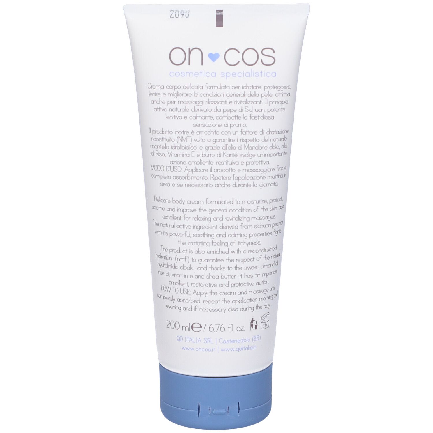 Retro del tubo. Testo: crema corpo emolliente, emollient body cream. Con informazioni sugli ingredienti e il produttore.