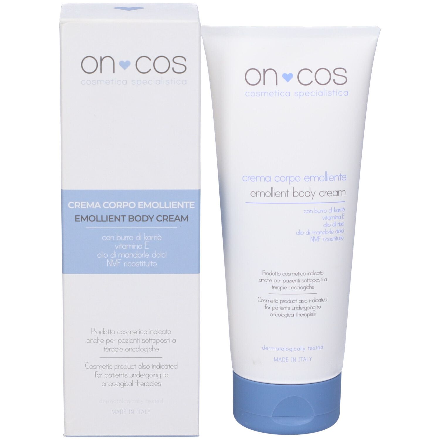 Tubo e scatola. Scritto: Oncos, crema corpo emolliente, emollient body cream. Confezione blu e bianca.