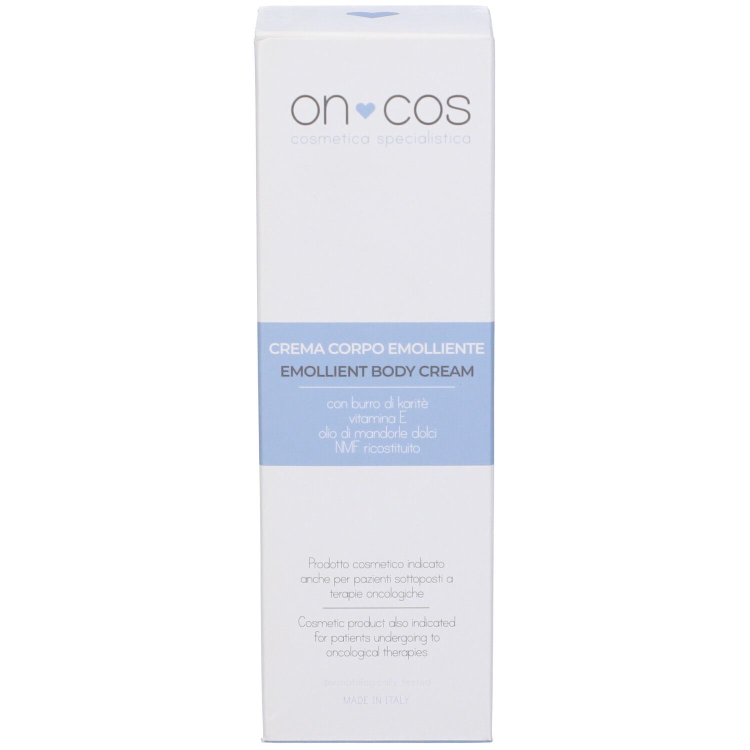 Scatola. Scritto: Oncos, crema corpo emolliente, emollient body cream. Confezione blu e bianca.