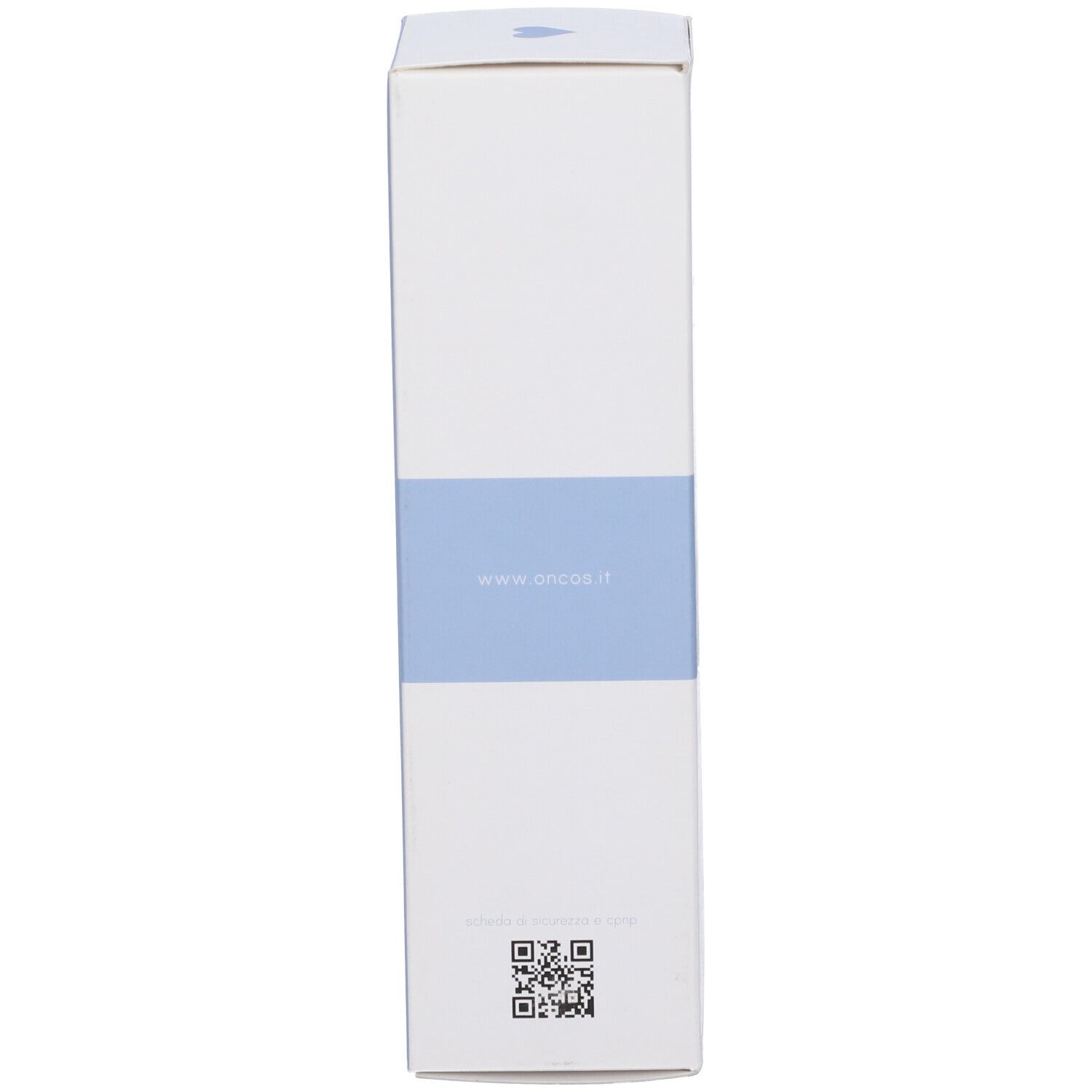 Lato della scatola. Striscia blu con www.oncos.it. Codice QR e altre informazioni.