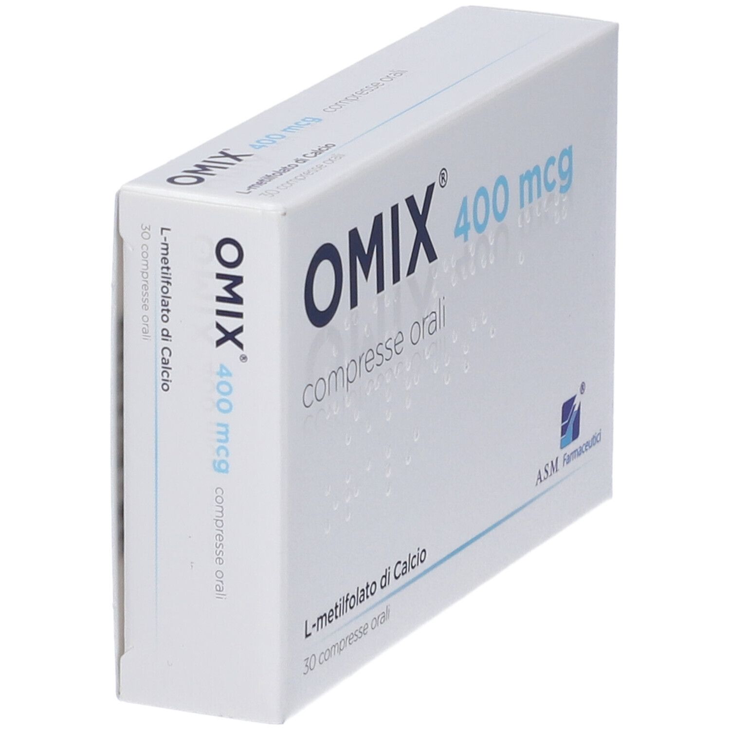Scatola bianca "OMIX 400 mcg compresse orali". Vista laterale. Informazioni e logo del produttore visibili.