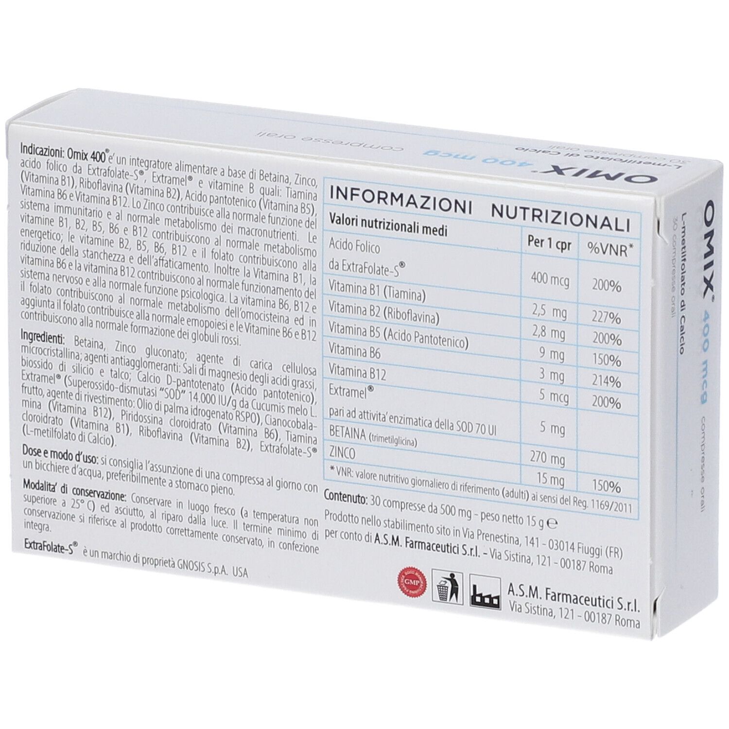 Retro della scatola OMIX. Contiene informazioni nutrizionali e ingredienti. Testo in italiano.