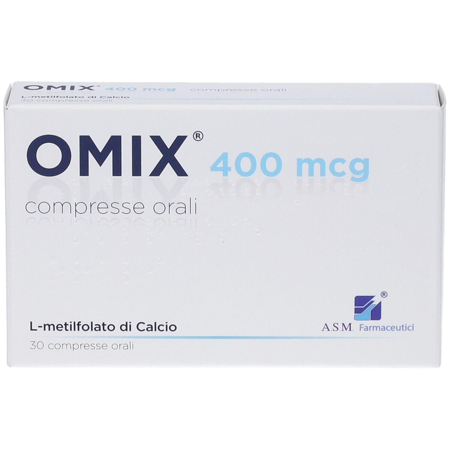 Scatola bianca "OMIX 400 mcg compresse orali". Contiene 30 compresse. Logo produttore visibile.