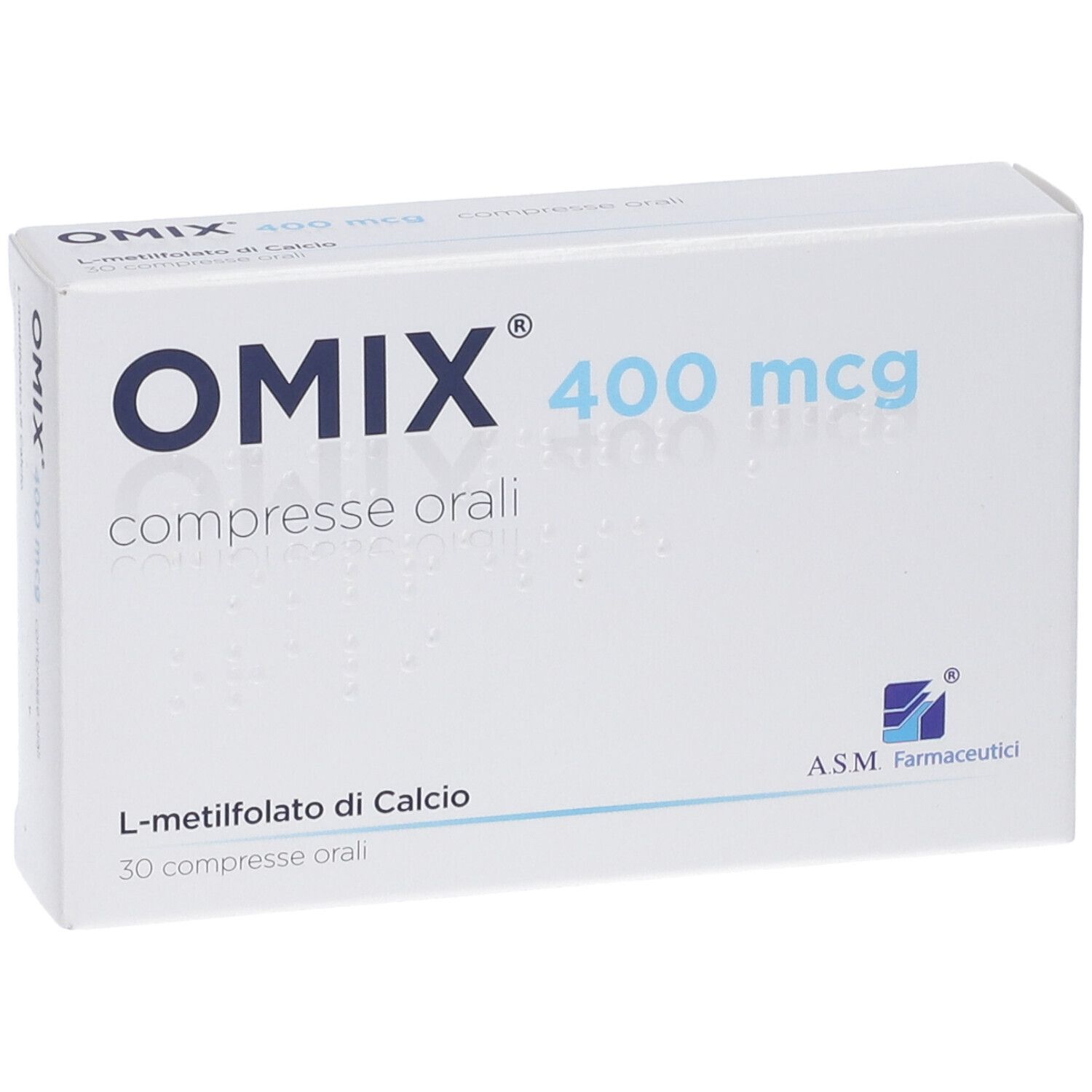 Scatola bianca "OMIX 400 mcg compresse orali". Contiene 30 compresse. Logo produttore visibile.