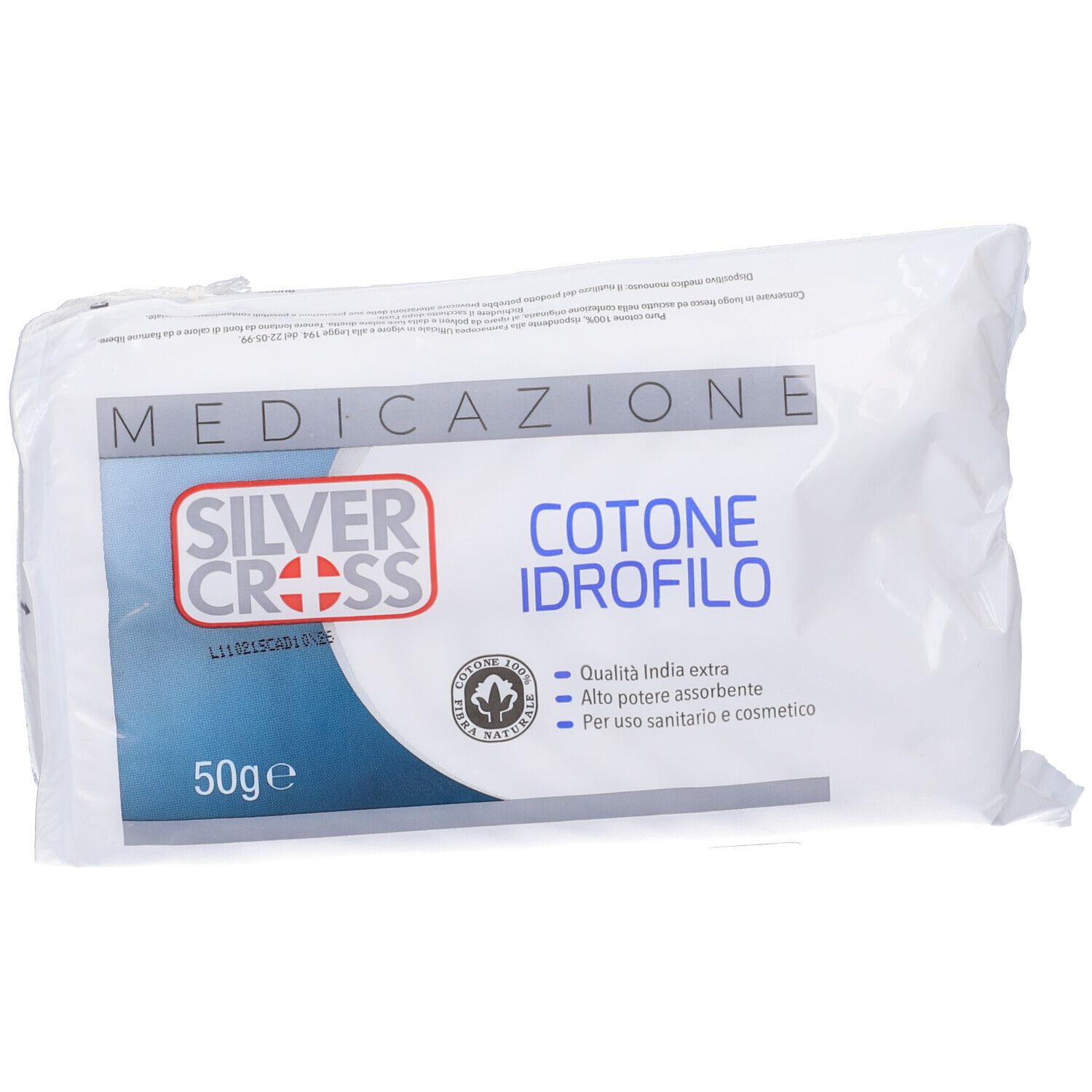 Confezione di cotone idrofilo Silver Cross. Scritta: Cotone Idrofilo, 50g. Marchio di certificazione.
