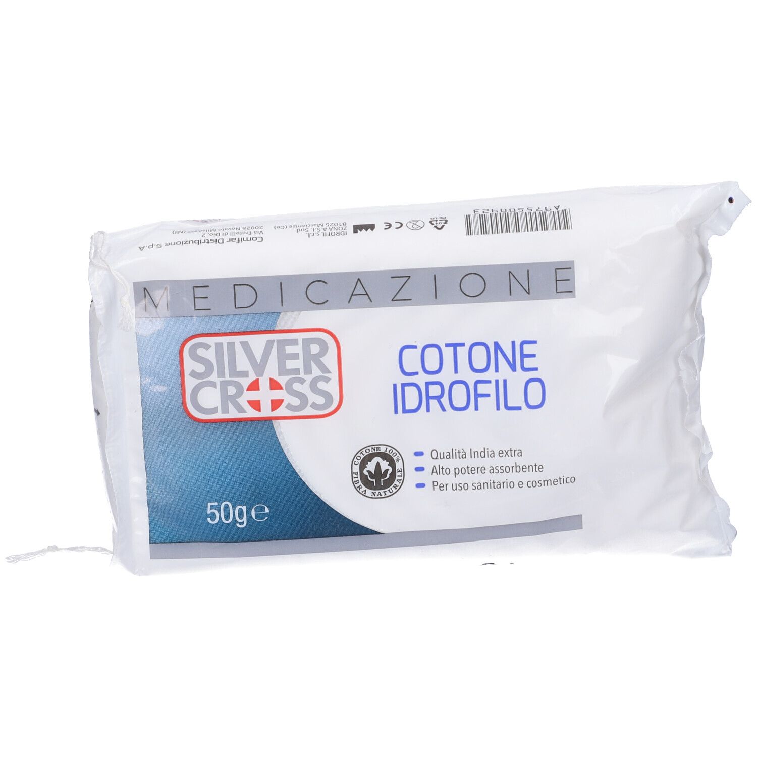 Confezione di cotone idrofilo Silver Cross. Scritta: Cotone Idrofilo, 50g. Marchio di certificazione.