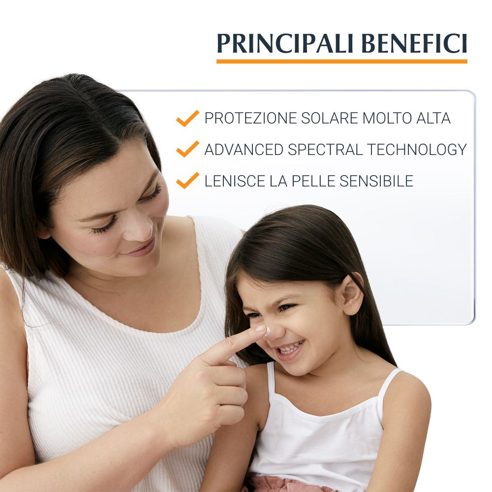 Madre e figlia. La madre tocca il naso della bambina. Testo: Principali Benefici, Protezione solare molto alta, Advanced Spectral Technology, Lenisce la pelle sensibile.