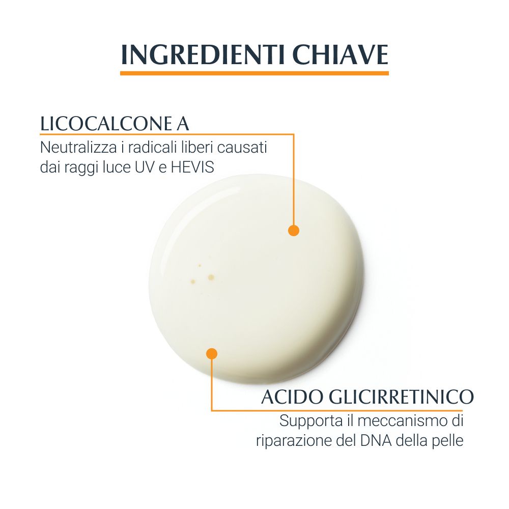 Primo piano di una crema. Testo: Ingredienti, Licochalcone A, neutralizza i radicali liberi, Acido Glicirretinico, supporta la riparazione del DNA.