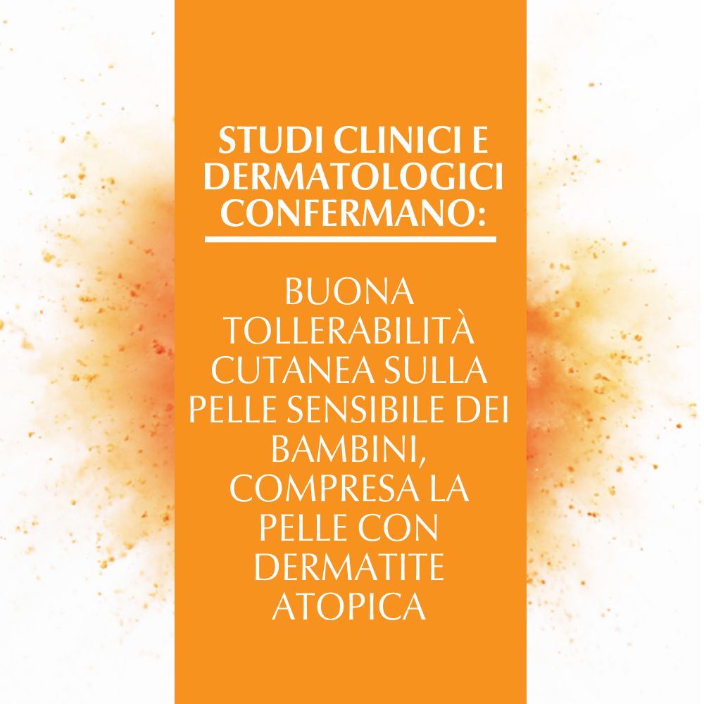 Testo su sfondo arancione. Testo: Studi clinici e dermatologici confermano: Buona tollerabilità cutanea sulla pelle sensibile dei bambini, compresa la pelle con dermatite atopica.