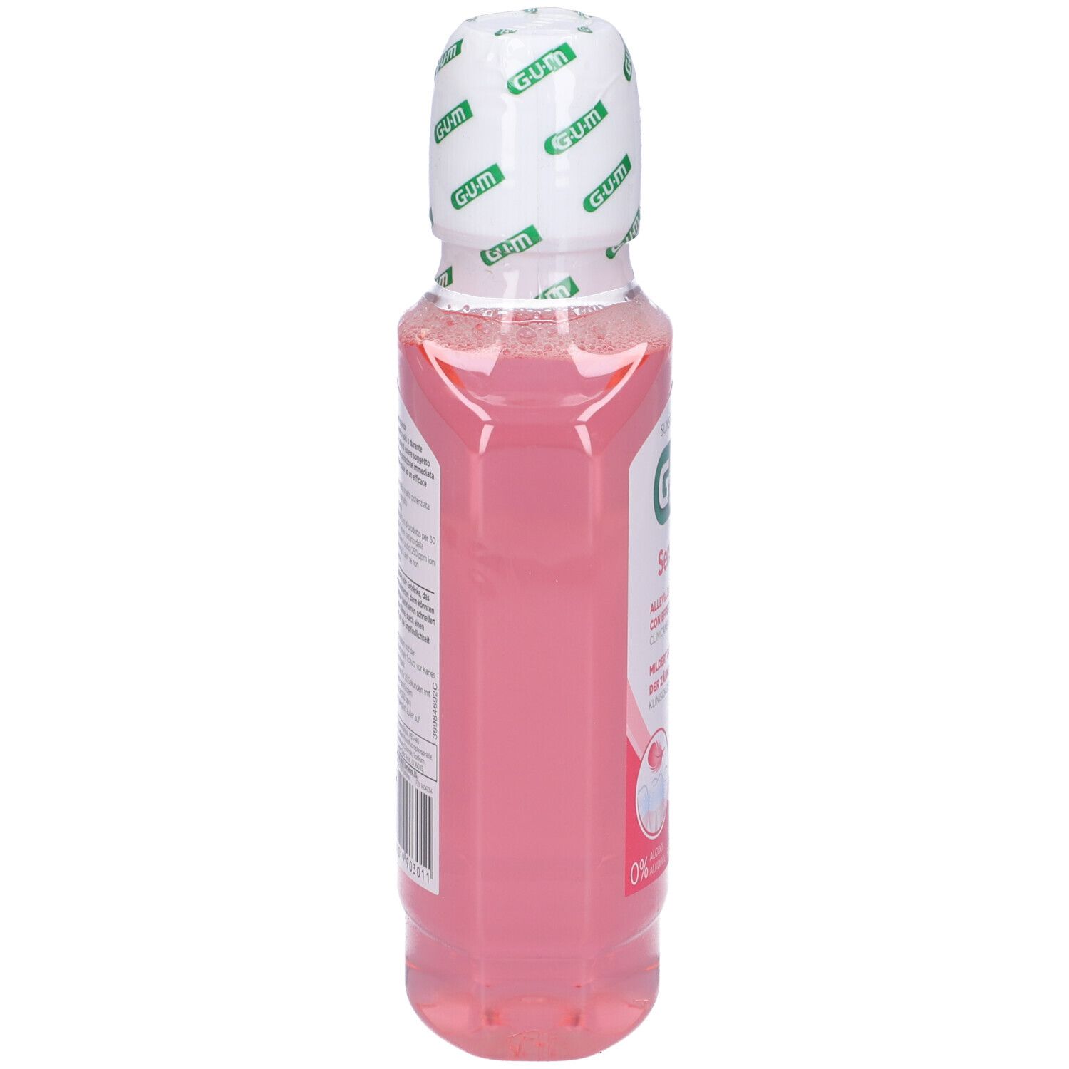 Collutorio G-U-M SensiVital+, liquido rosa in bottiglia. Vista laterale con etichetta e codice a barre.