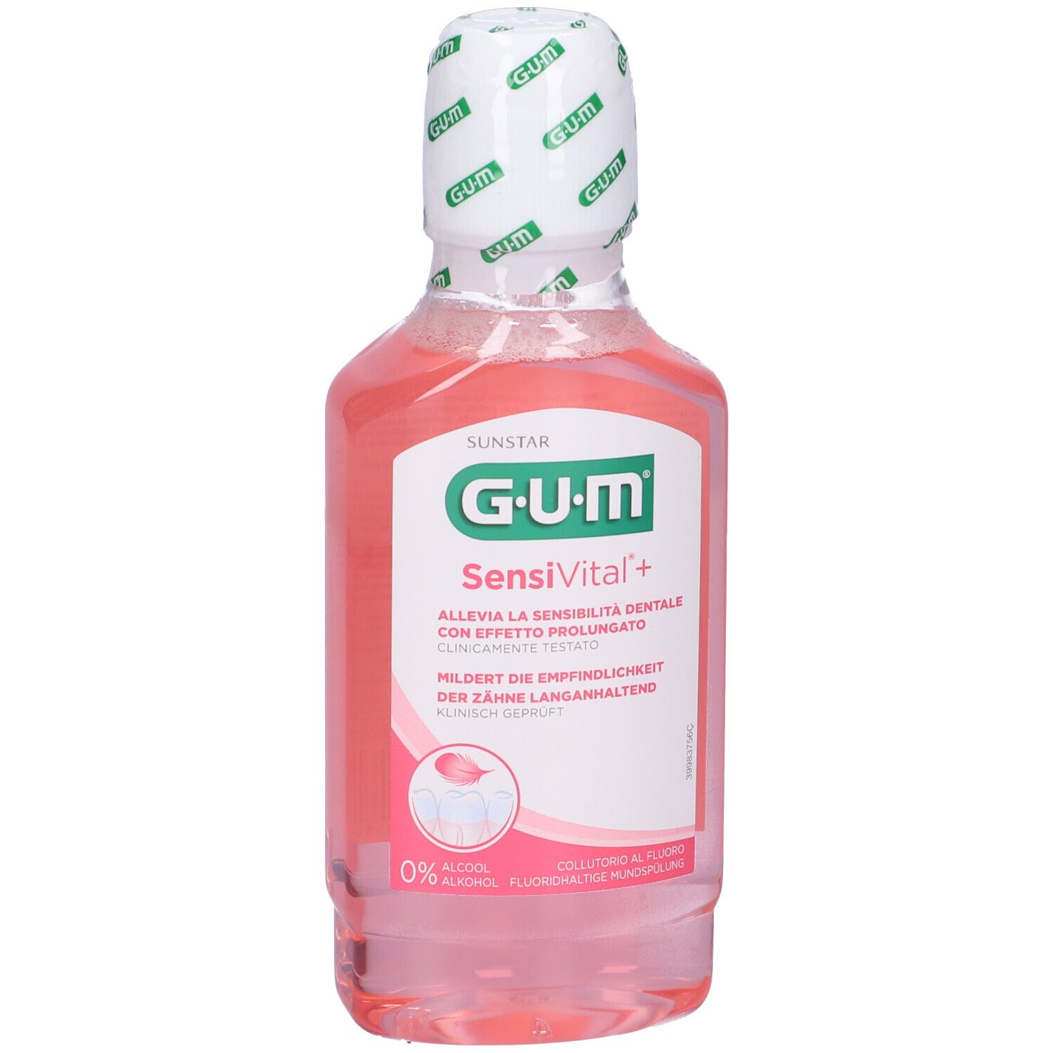 Collutorio G-U-M SensiVital+, liquido rosa in bottiglia con tappo bianco. Vista del prodotto.