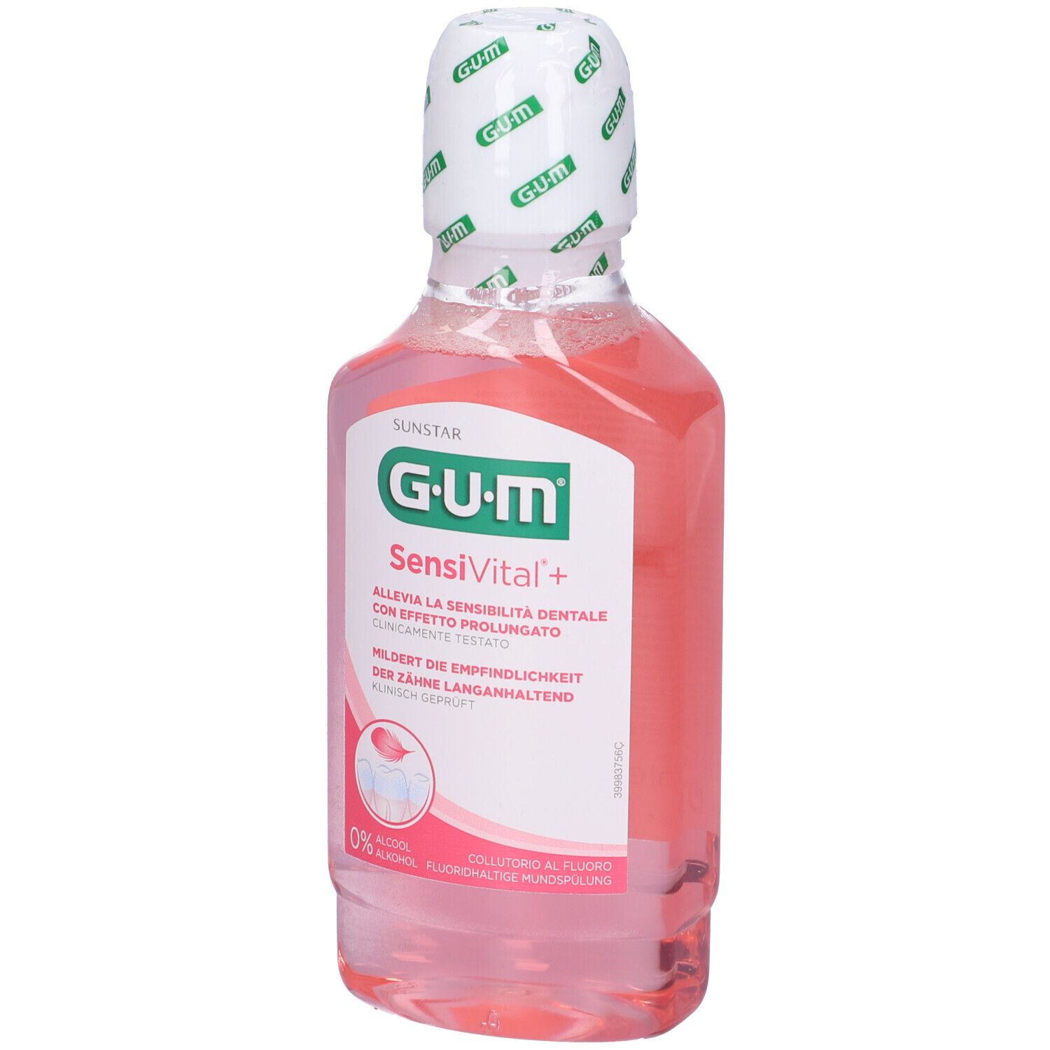 Collutorio G-U-M SensiVital+, liquido rosa in bottiglia con tappo bianco. Primo piano.